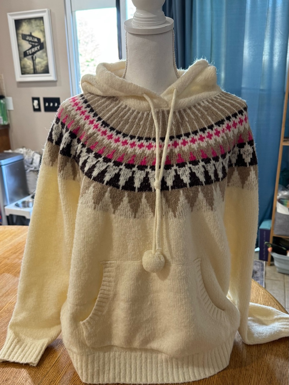 Olivia Sky Cream Hooded Fair Isle Sweater with Pink & Brown Accents